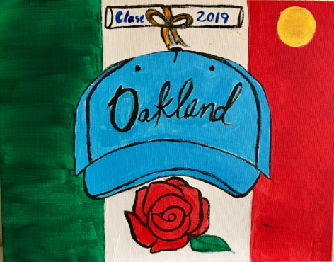 Painting depicting a hat with the word "Oakland" and a diploma and rose next to the hat in front of the Mexican flag. 