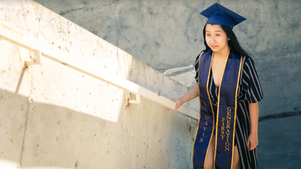 Kathy Pham walks up the staircase in her first-generation stole. 