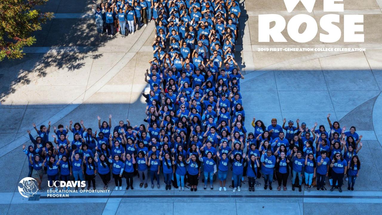Students on the quad arranged in the shape of a 1